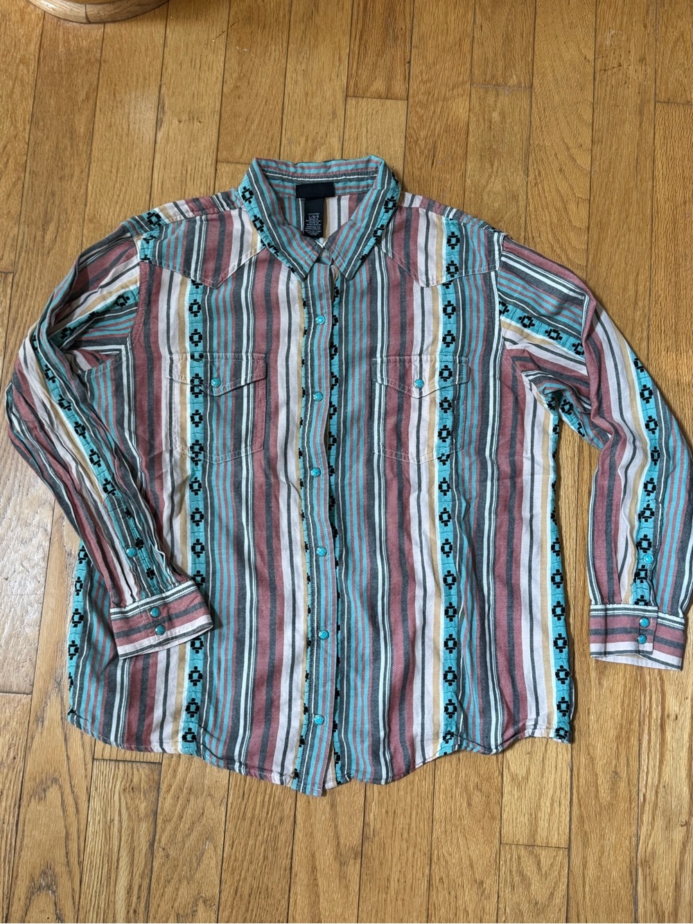 Wrangler Retro Women Turquoise Striped Snap Pearl Long Sleeve Western Shirt Sz L